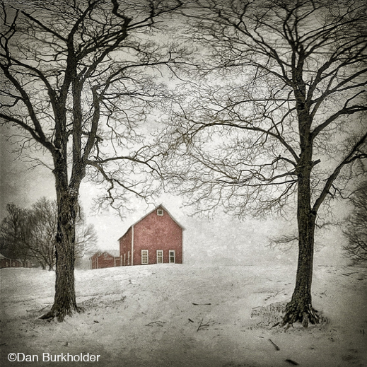 Archival Pigment Print of Red Barn in Snow by Dan Burkholder, at Sun to Moon Gallery, Dallas, TX