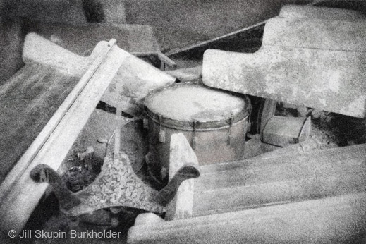 "Drum and Church Pews, New Orleans" photograph by Jill Skupin Burkholder, at Sun to Moon Gallery